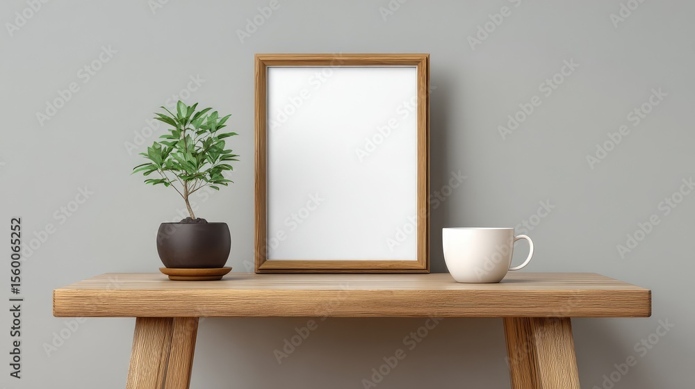Poster one tabletop picture frame placed at the edge of a desk, clean setup with copy space