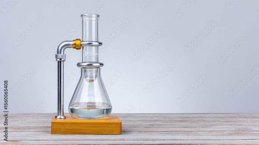 Poster one titration flask with sidearm for accurate pouring, placed on a bench with white space