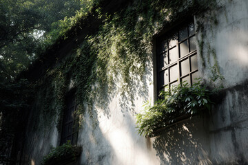 hauntingly beautiful scene of abandoned building overtaken by nature with vines creeping up walls and broken