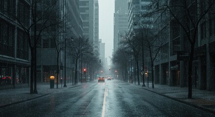 A grey city street is empty and wet under a rainy sky