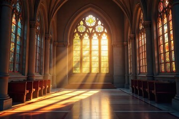 Fototapeta premium Sunlight Streams Through Stained Glass in a Serene Sanctuary, Creating a Tranquil and Meditative Atmosphere Perfect for Contemplation and Inner Peace.
