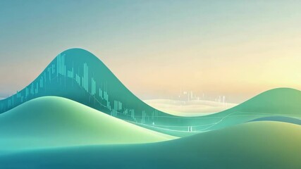 Fading bars forming candlestick chart animating across pastel dawn hills, tracking curved lines - Powered by Adobe
