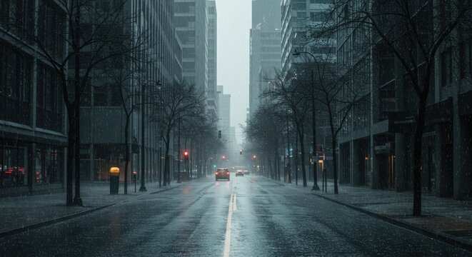 A grey city street is empty and wet under a rainy sky