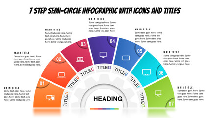 7 Step Semi-Circle Infographic with Icons and Titles. Fully editable vector SVG file compatible with PowerPoint, Illustrator, and most vector-based applications.