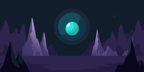 Enchanting blue night forest landscape with bright moon and stars