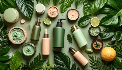 Flatlay Natural Skincare Products On Green Background
