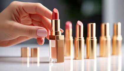 Woman Holding Lipstick Display Of Gold Containers