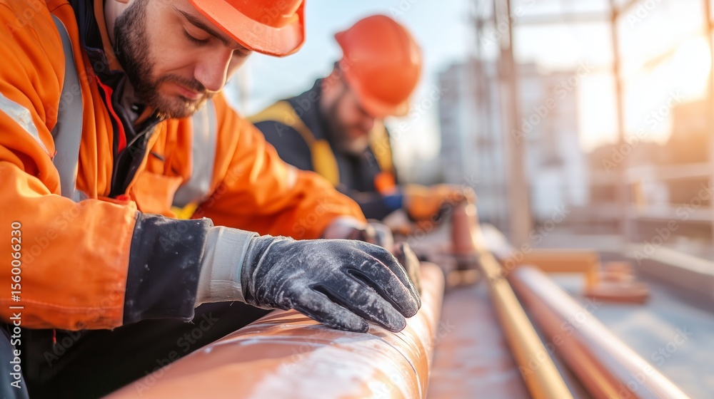 Poster construction workers focus on tasks while working at a building site during the late afternoon