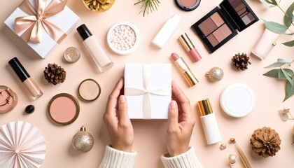 Hands Holding Gift Surrounded By Cosmetics And Holiday Decorations