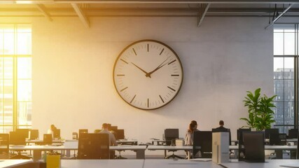 Sunlight illuminates a modern office space where employees are working diligently at their desks, with a prominent clock on the wall marking the passage of time - Powered by Adobe