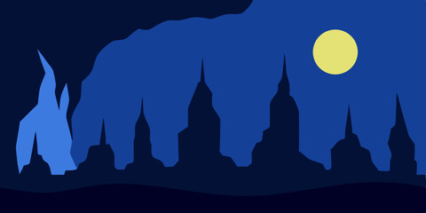 Vector illustration of a temple silhouette at sunset, featuring city skyline architecture and a towering cathedral