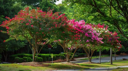 Close-up of crape myrtle trees in full bloom with vibrant pink, purple, and white flowers, showcasing their smooth bark, slender branches, and lush foliage in a garden or park setting under sunlight