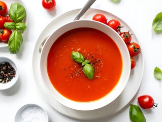 Delicious tomato soup recipe homemade with fresh basil and cherry tomatoes on white background