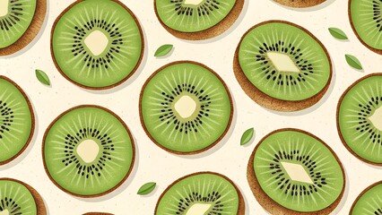 Fototapeta premium A repeating pattern of sliced kiwis with green flesh, black seeds, and brown fuzzy skin, set against a light background with scattered black dots.