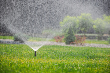 Garden sprinkler in action sprays water evenly across green lawn during summer irrigation in...