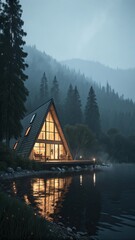 Fototapeta premium A frame cabin illuminated by warm light on a misty lake surrounded by forest trees at dusk