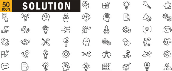 Solution editable outline icon set. Line icons of problem solving, innovation, brainstorming, lightbulb ideas, teamwork, and troubleshooting.
