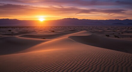 Fototapeta premium A vibrant sunset casts golden light over rolling sand dunes and distant mountains