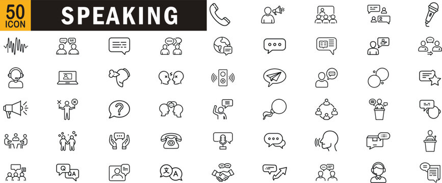 Speaking editable outline icon set. Communication, dialogue, public speaking, audio, discussion and more.
