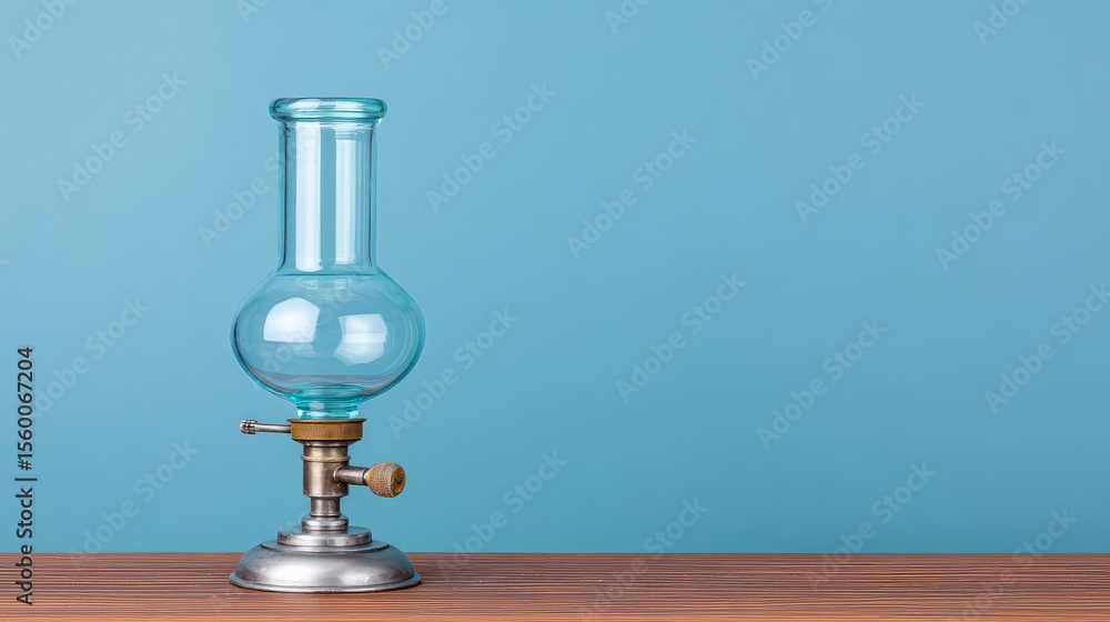 Poster a single bunsen burner with metallic stand placed on a table, scientific setup and copy space