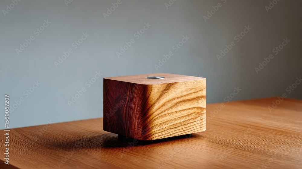 Poster a single bluetooth speaker placed on a wooden table with soft natural light and empty area