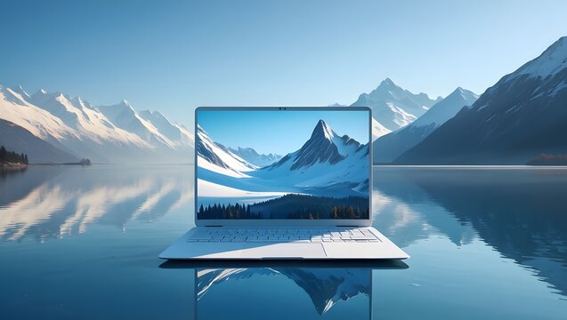 Find the best laptop deals for remote work with stunning mountain view background image now