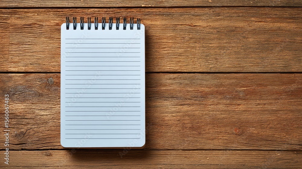 Poster a single notepad with lined paper placed on a wooden surface with open space