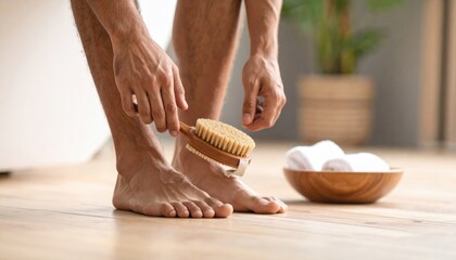 Man Scrubbing Feet With Wooden Foot Brush