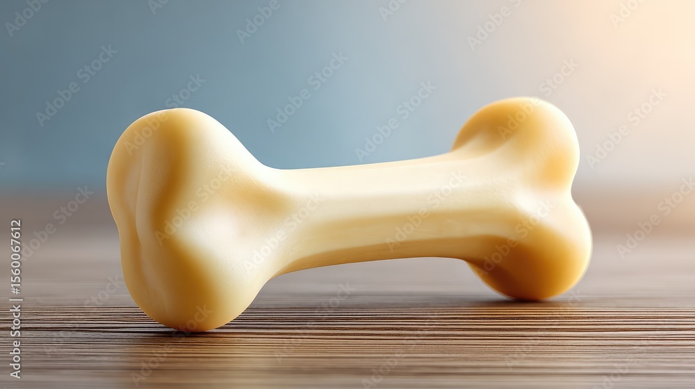 Poster a single rawhide dog chew bone placed on a clean wood surface with soft light and space