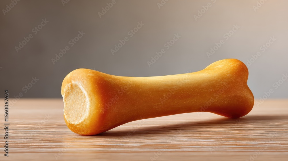 Poster a single rawhide dog chew bone placed on a clean wood surface with soft light and space