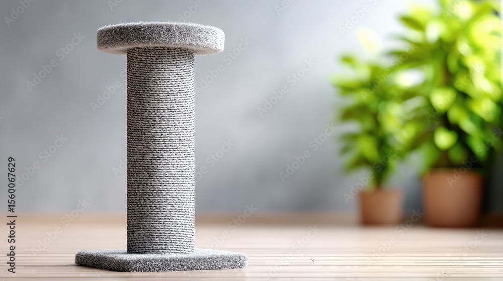 Aufkleber a single scratching post for cats positioned in the center of a clean floor with open area