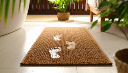 Footprints On Brown Doormat In Bathroom