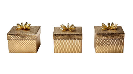 three golden gift box with ribbon on white background