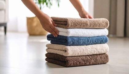 Stacked Towels In Various Colors On Light Floor