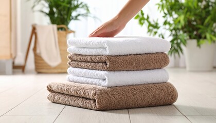 Folded Towels Stacked On Light Wood Floor