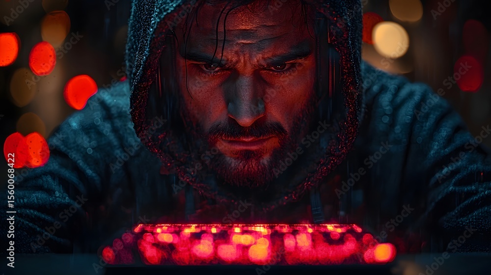Poster serious hacker analyzing encryption on a digital interface