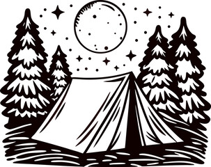 Camping tent under full moon and pine trees at night with stars, hand drawn vintage outdoor adventure illustration