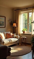 Cozy Living Room Interior Relaxing Evening at Home, Warm Lighting, Comfortable Furniture, Peaceful Atmosphere, Perfect for Family Unwinding