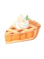 A delightful slice of pie, golden crust, sweet filling, topped with creamy whipped topping and a garnish