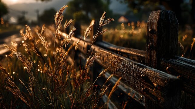 Golden Hour Light on Rustic Wooden Fence Surrounded by Dry Grass in Countryside perfect for autumn landscape photography, rural lifestyle branding, country living editorials nostalgic seasonal posters
