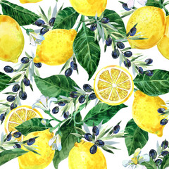 Lemon and Olive Branch Seamless Pattern. Background with watercolor yellow lemon fruits, leaves, and flowers, olives branch as part of a stock illustration collection