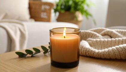 Burning Candle On Wooden Table In Cozy Living Room