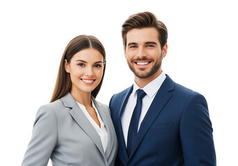 Smiling professional man and woman in business suits on a white background