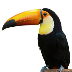 Fototapeta premium A vibrant toucan is isolated on white background, its large orange beak a striking contrast to its black plumage