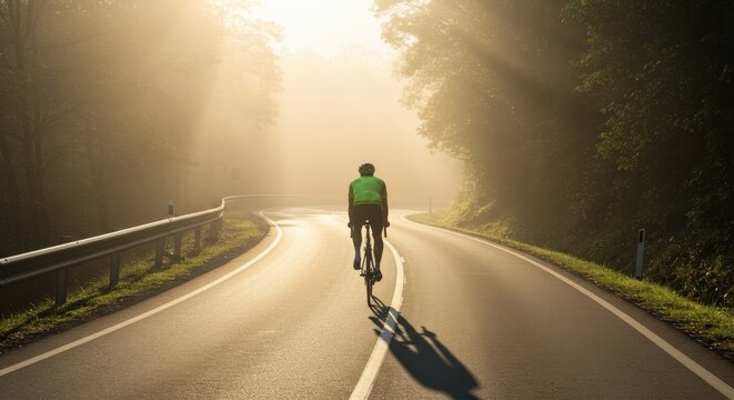 Cyclist riding on a winding road through a foggy forest at sunrise