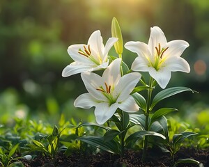 Obraz premium Blooming Easter lilies in a green spring garden