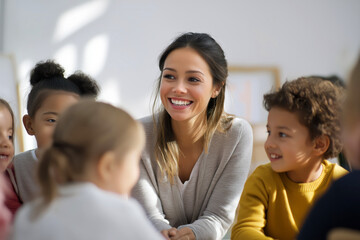 A smiling teacher sits surrounded by diverse happy students. Black children studying in school.