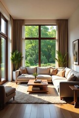 Relaxing Living Room Interior with Natural Light, Comfortable Furniture, and Stylish Decor Perfect for Family Time
