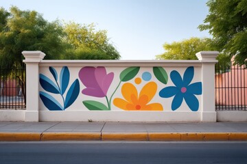 Vibrant Latin American street art mural with colorful graffiti abstract figures bold cultural symbols and floral decorative elements, Selective Focus