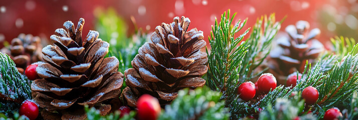 Snow-dusted pine cones and berries with evergreen foliage in festive holiday Christmas scene.